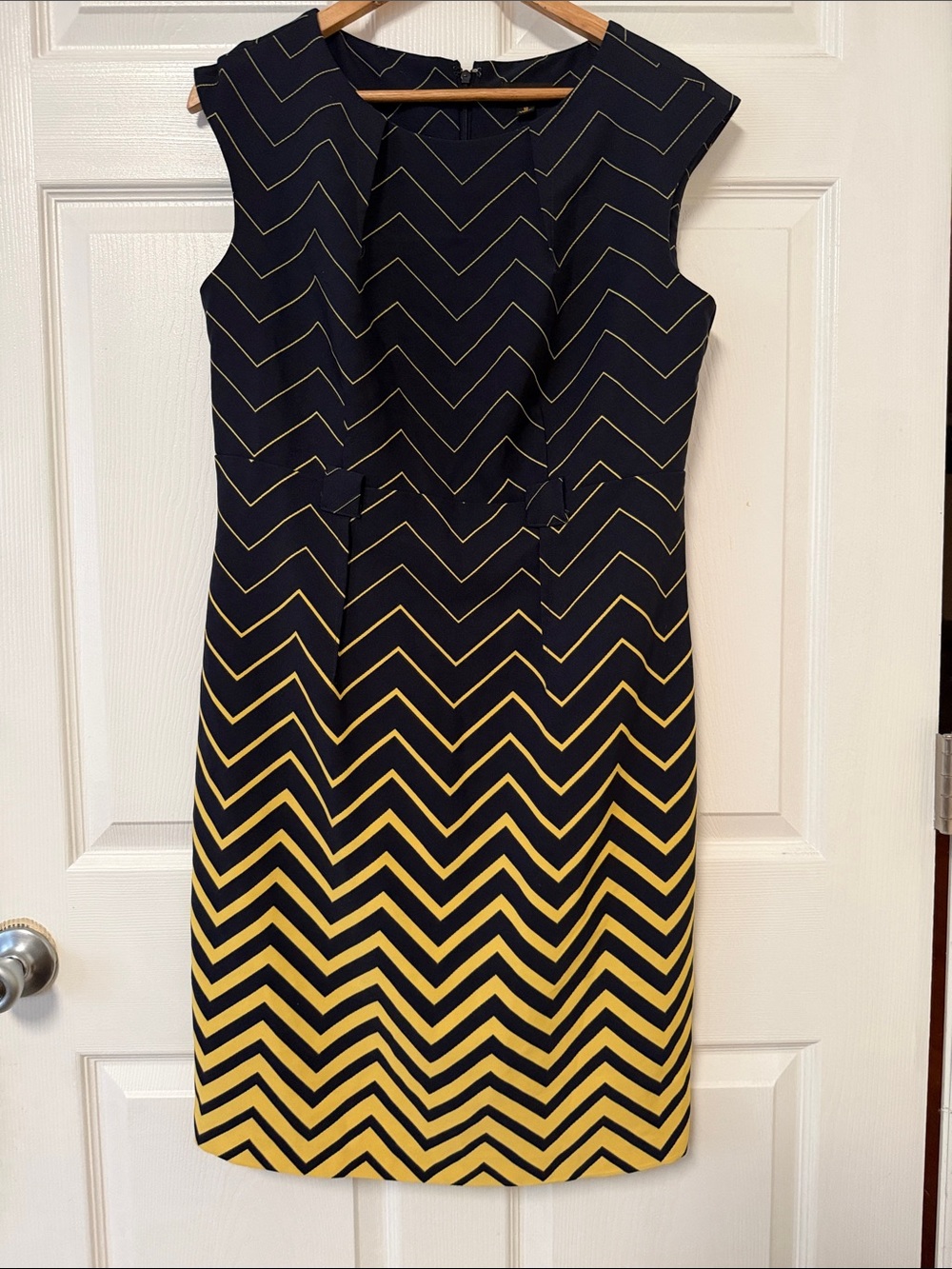 Chevron Midi Shift Dress in Navy and Yellow
